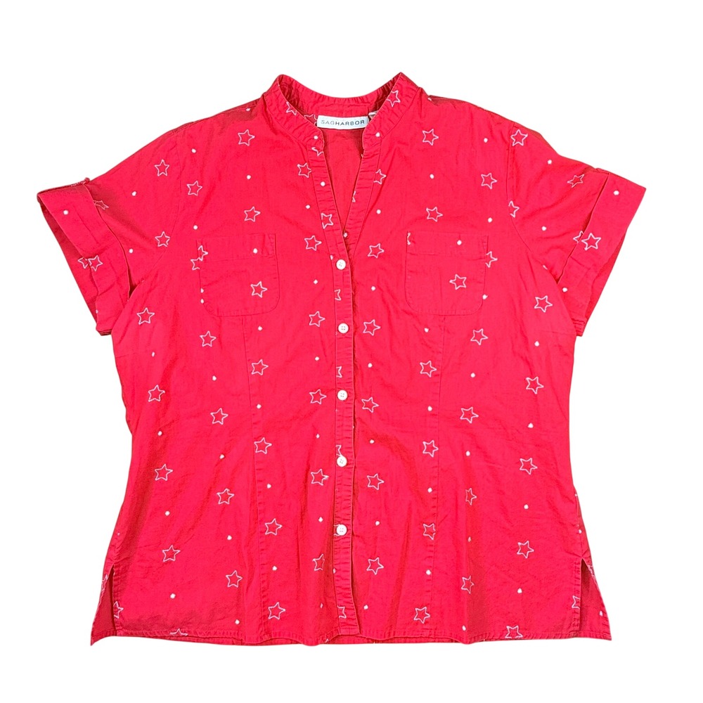 VTG Star Embroidered Button Up Shirt Womens L Red Americana Labor Day 90s retro
